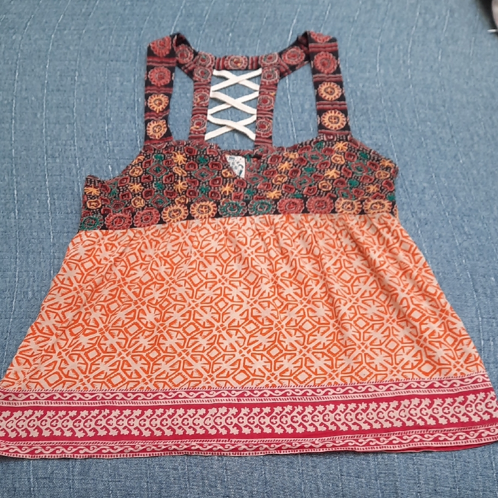 Free People Orange and Red Patterned Tank Top